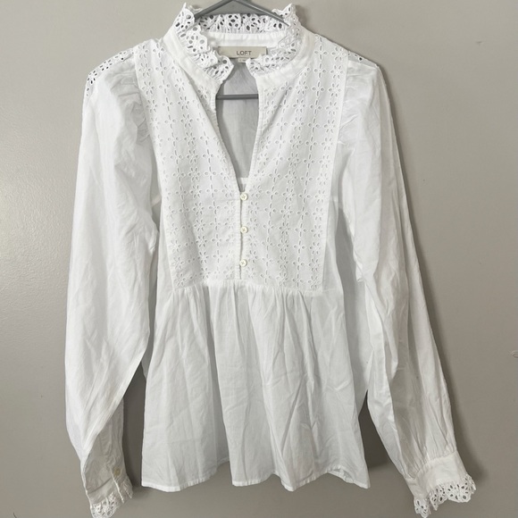 NWOT LOFT White Eyelet Ruffle Blouse Large Cotton Long Sleeve Cottagecore Chic - Picture 4 of 15